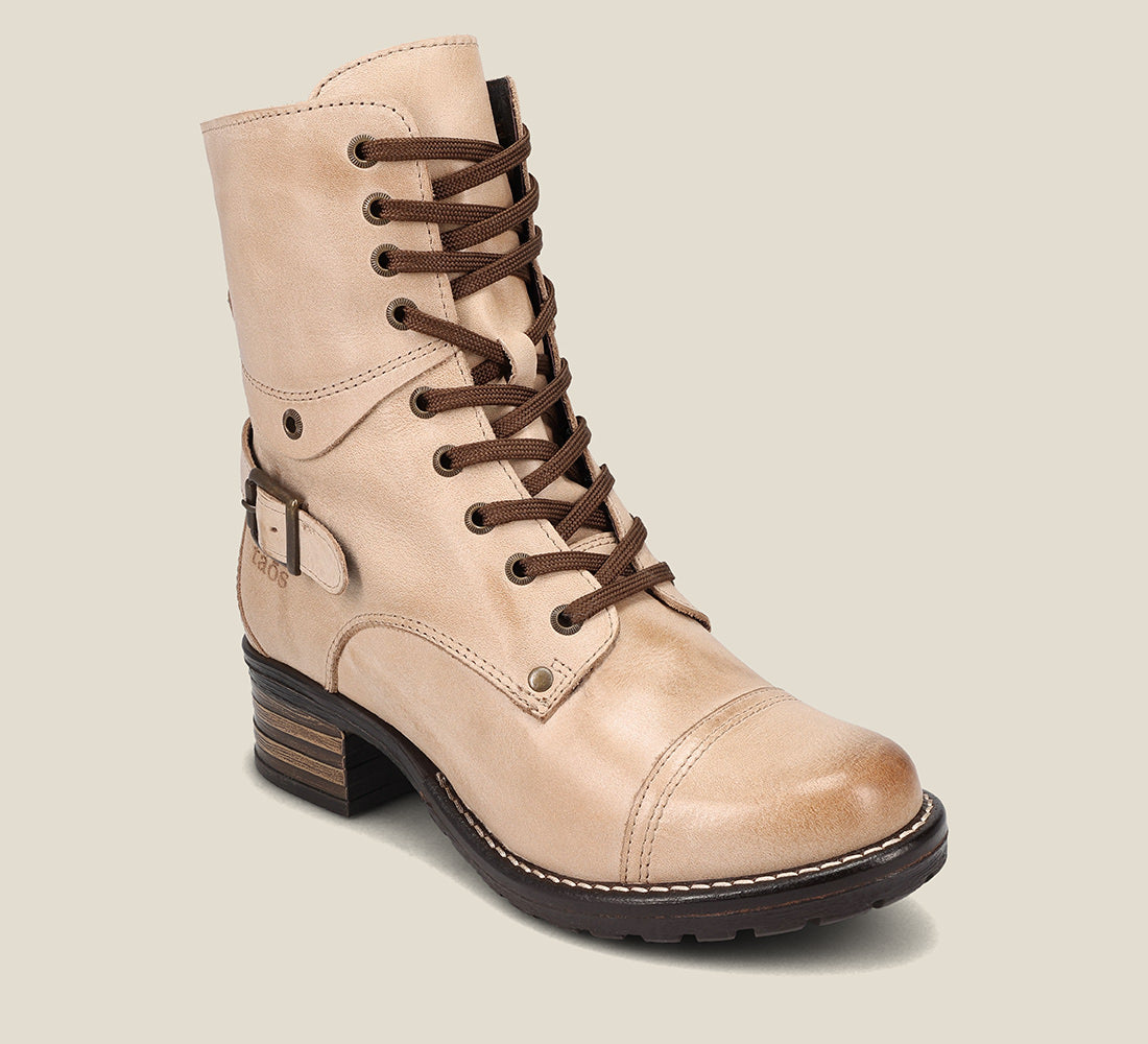 Hero image of Crave Stone Leather &  boot with buckle & an inside zipper lace-up adjustability.