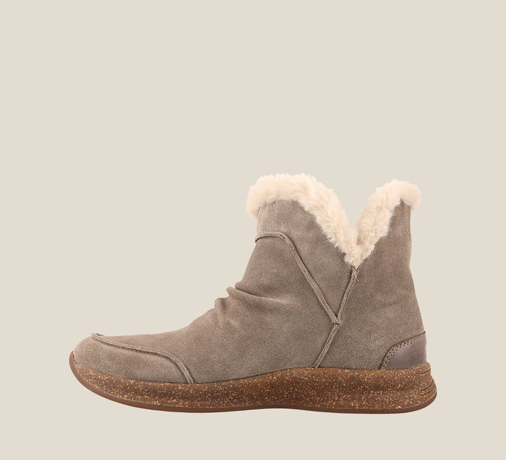 Instep of Future Mid Dark Taupe Suede Water resistant suede pull on short bootie with faux fur lining, a removable footbed, &rubber outsole 6