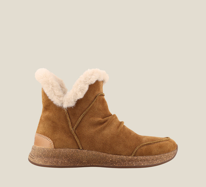 Outside Angle of Future Mid Chestnut Suede Water resistant suede pull on short bootie with faux fur lining, a removable footbed, &rubber outsole 6