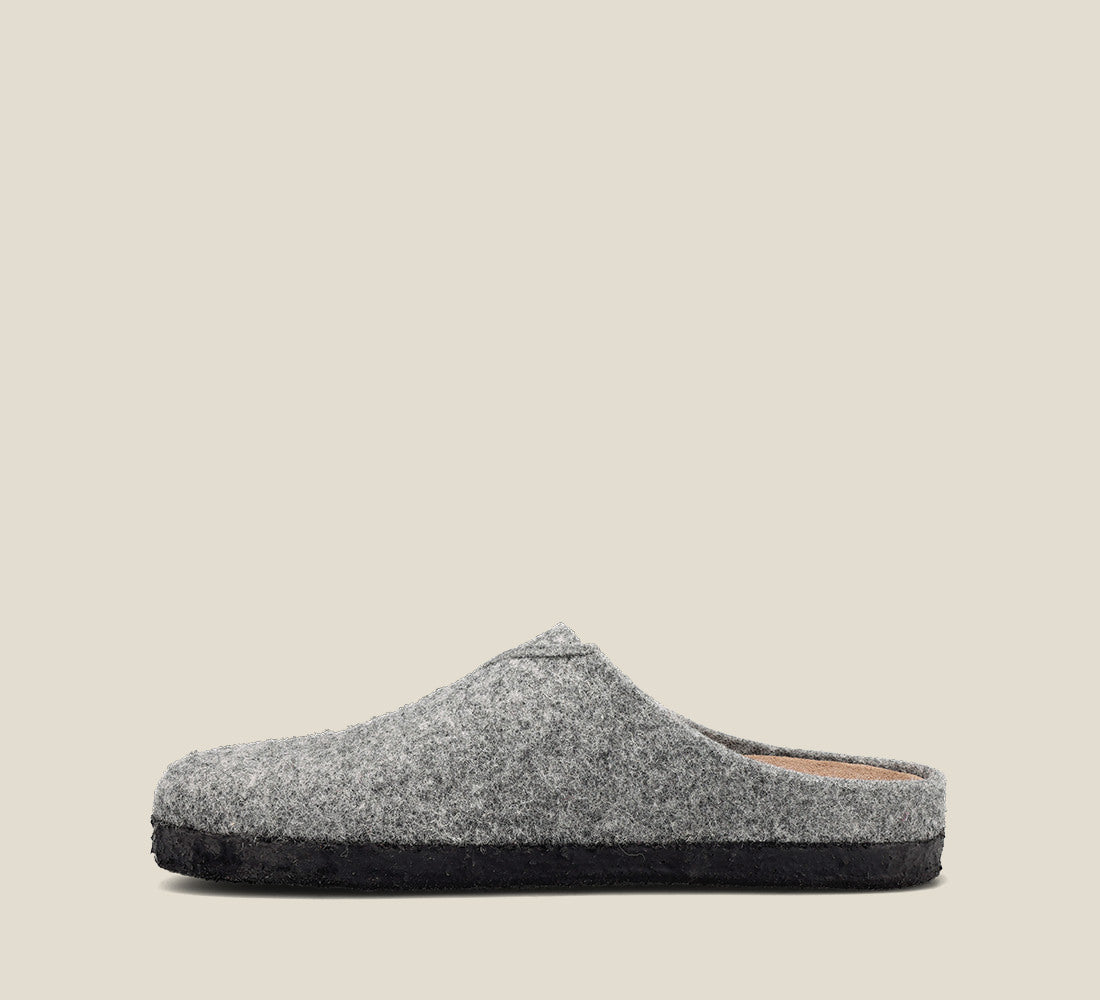 "Side image of Wooled Class Grey clog with featuring a removable footbed with arch & metatarsal support, & TR outsole."
