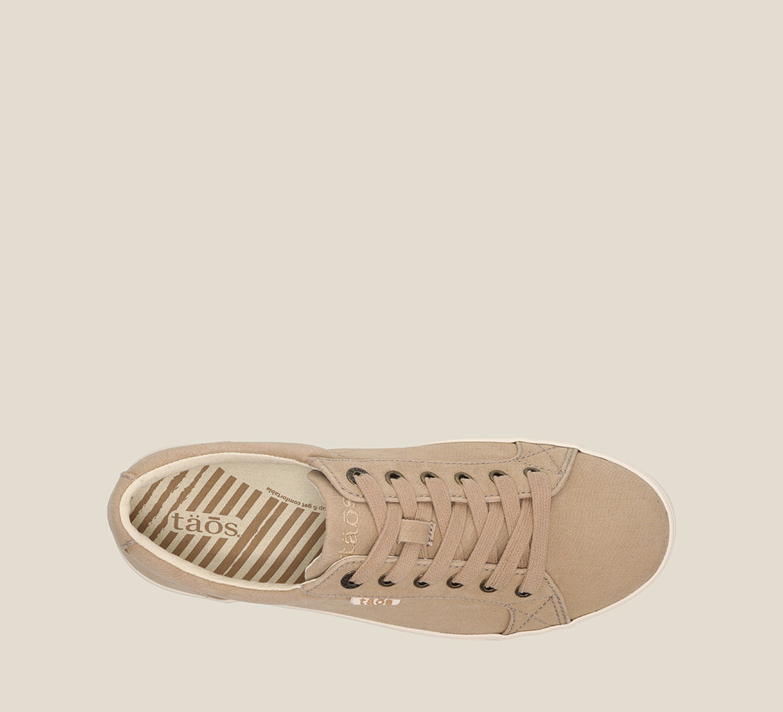 Top down angle of Starsky Tan Distressed Men's canvas lace up sneaker featuring a Curves & Pods removable footbed with Soft Support and rubber outsole. - size 8