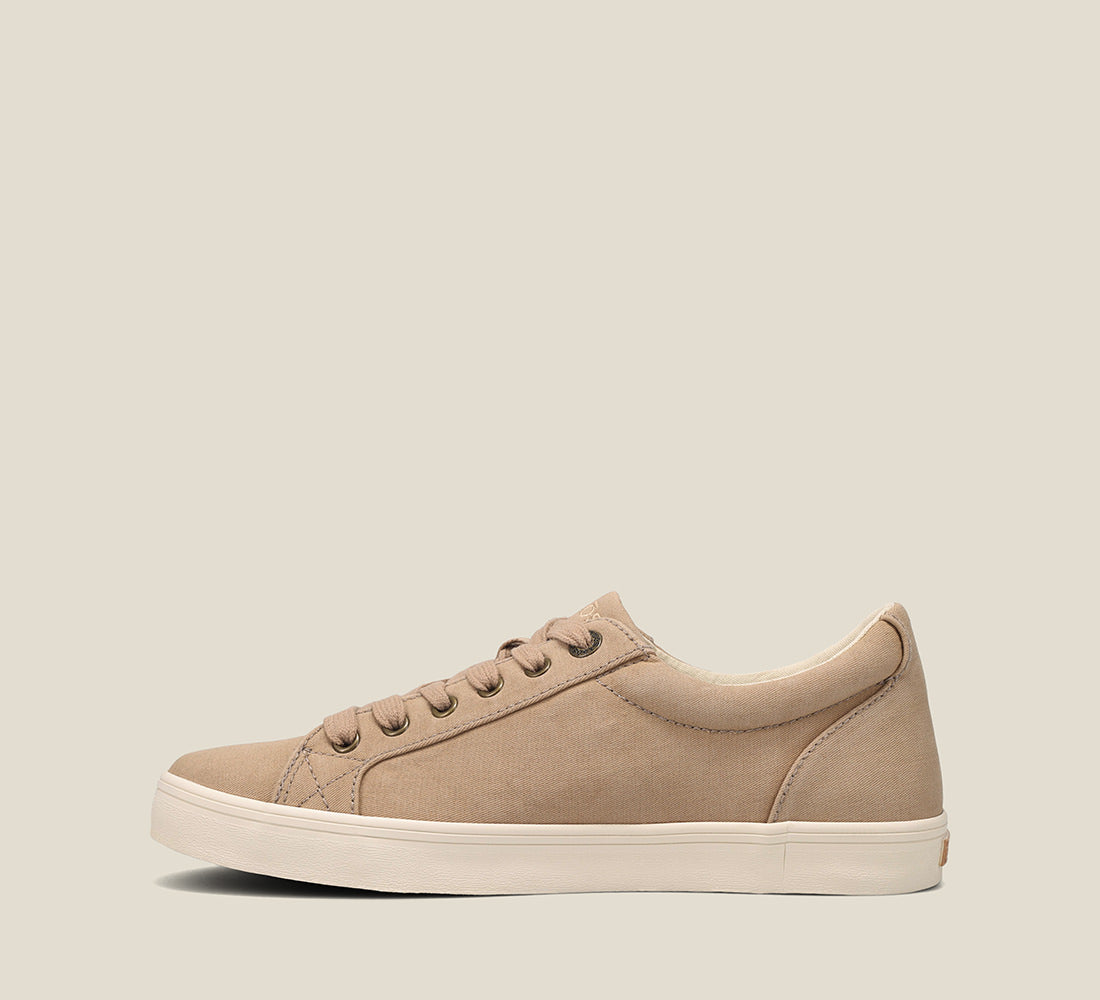 Inside angle of Starsky Tan Distressed Men's canvas lace up sneaker featuring a Curves & Pods removable footbed with Soft Support and rubber outsole. - size 8