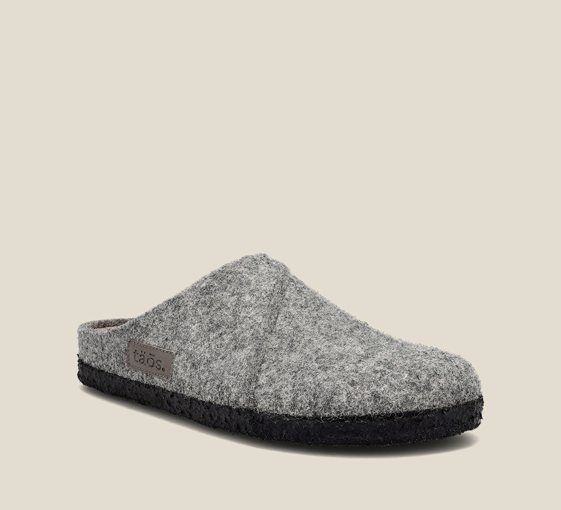 "Hero image of Wooled Class Grey clog with featuring a removable footbed with arch & metatarsal support, & TR outsole."