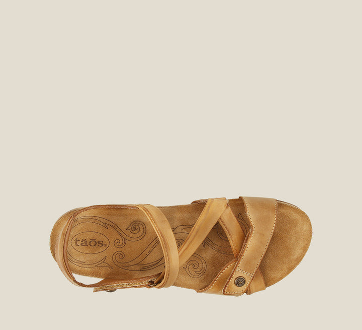 Top down angle of Universe Camel leather adjustable sandal with suede footbed and rubber outsole - size 36
