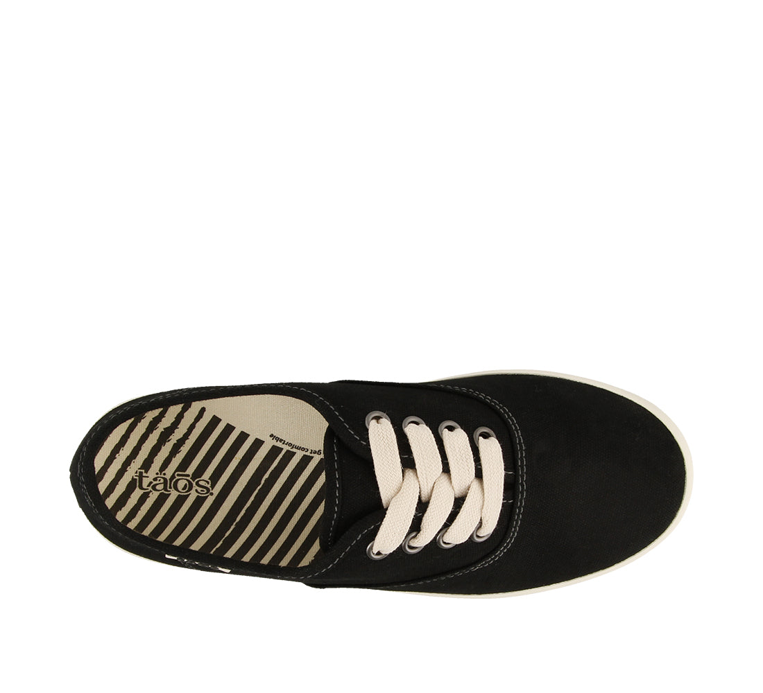 Top down angle of Black Canvas Canvas lace up sneaker with removeable footbed - size 8.5