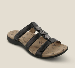 3/4 Angle of Prize 3 Black slide on leather sandal with adjustable closures and crafted medallions - size 6