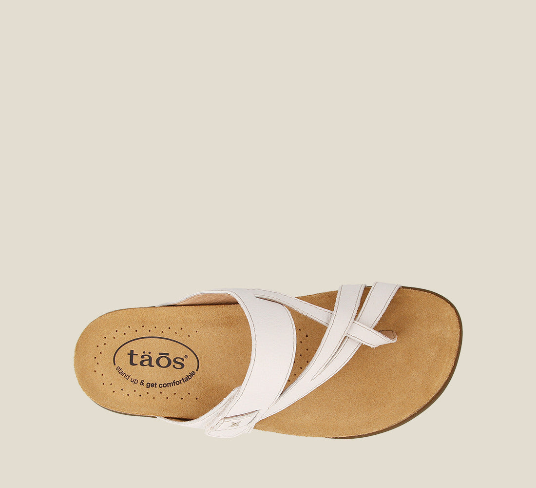 Top down angle of Perfect White Slide sandal on our cork footbed featuring an adjustable strap and rubber outsole. - size 6