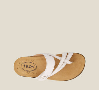 Load image into Gallery viewer, Top down angle of Perfect White Slide sandal on our cork footbed featuring an adjustable strap and rubber outsole. - size 6
