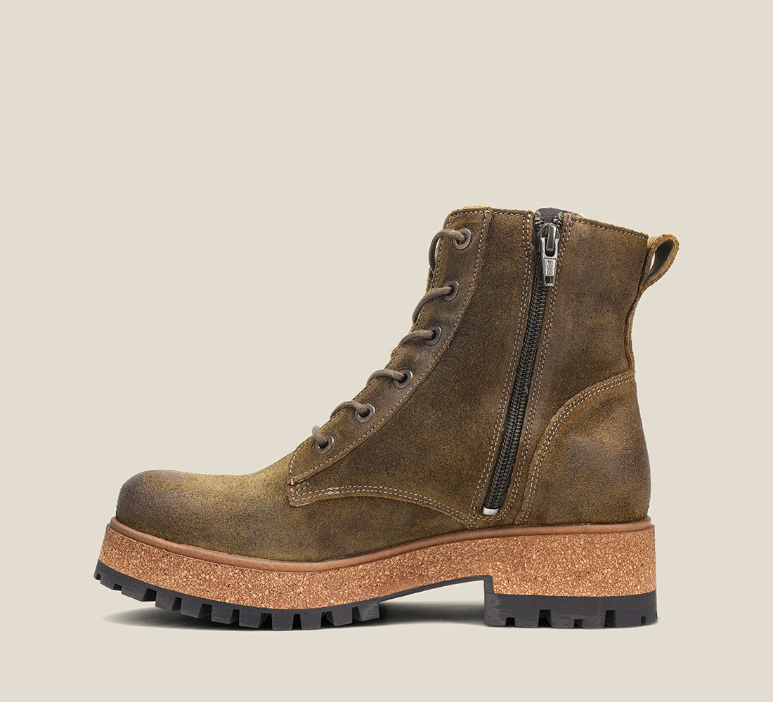 outside image of MainStreet Olive Rugged boots with laces and rubber outsole