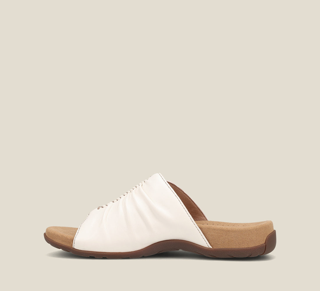 Side Angle of Gift 2 White leather sandal with microfiber footbed and rubber outsole