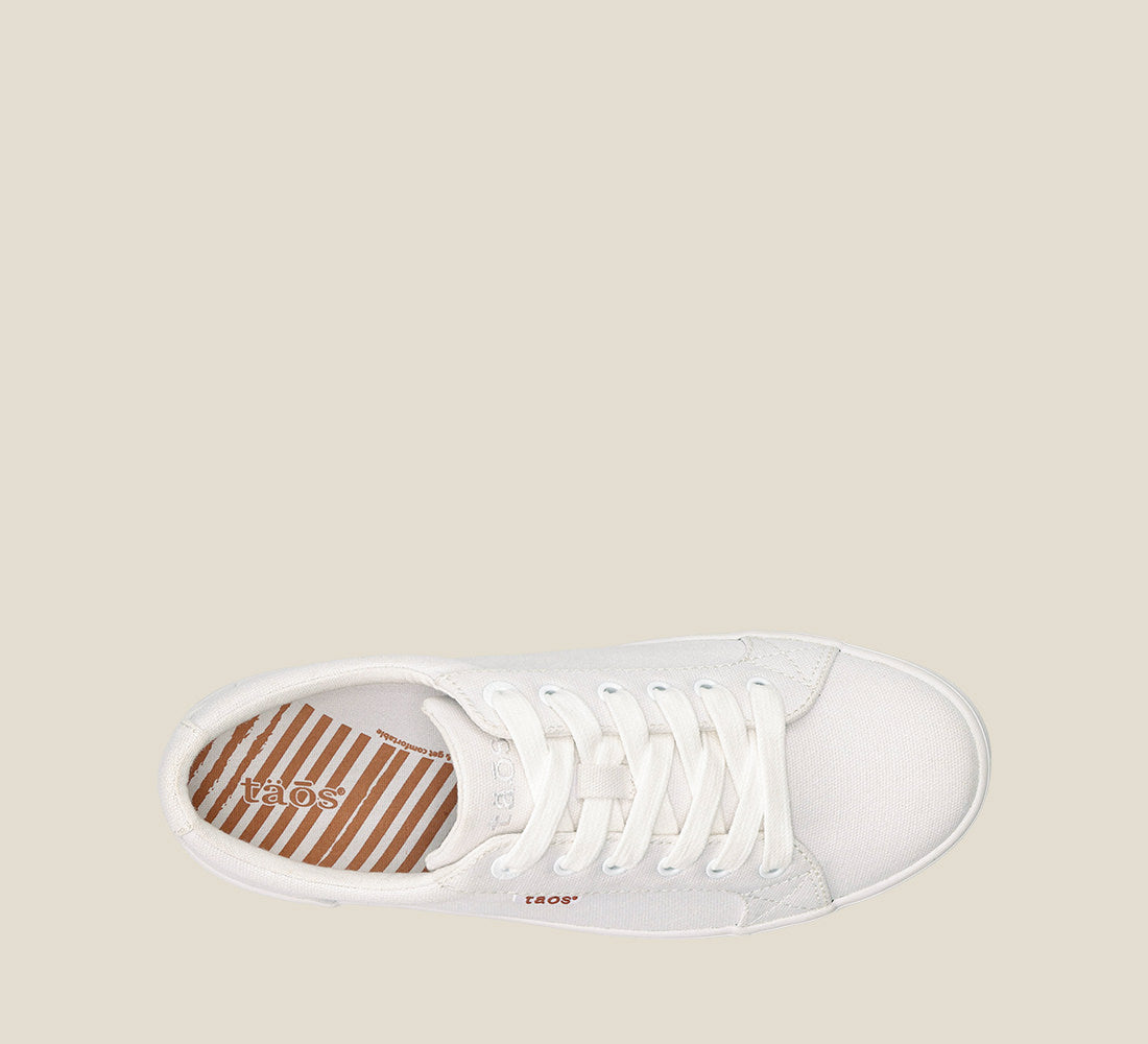 Top down angle of Starsky White Canvas Men's canvas lace up sneaker featuring a Curves & Pods removable footbed with Soft Support and rubber outsole.