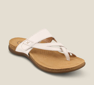 3/4 Angle of Perfect White Slide sandal on our cork footbed featuring an adjustable strap and rubber outsole. - size 6