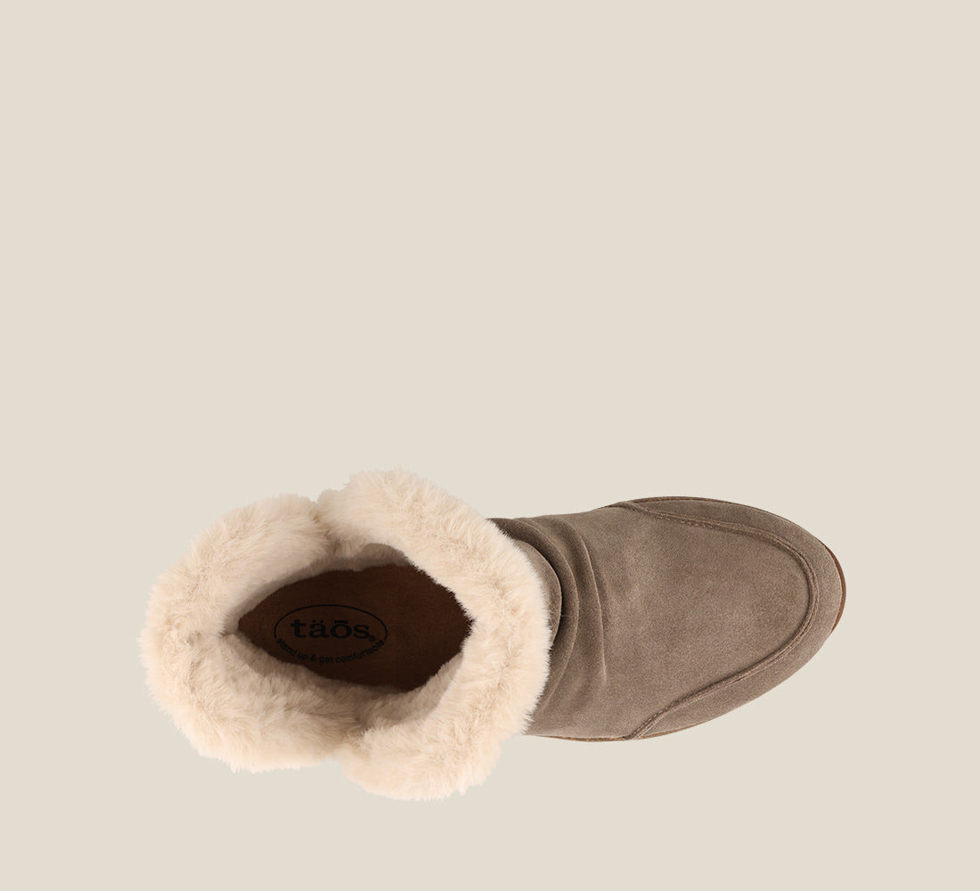 Top down Angle of Future Mid Dark Taupe Suede Water resistant suede pull on short bootie with faux fur lining, a removable footbed, &rubber outsole 6