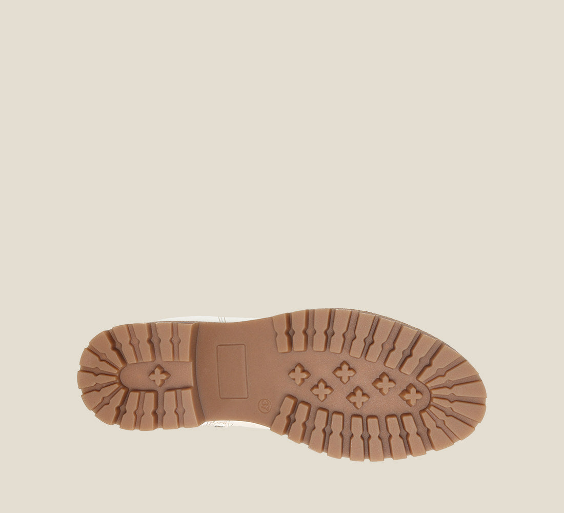 outsole image of Downtown Eggshell boots with laces and rubber outsole.