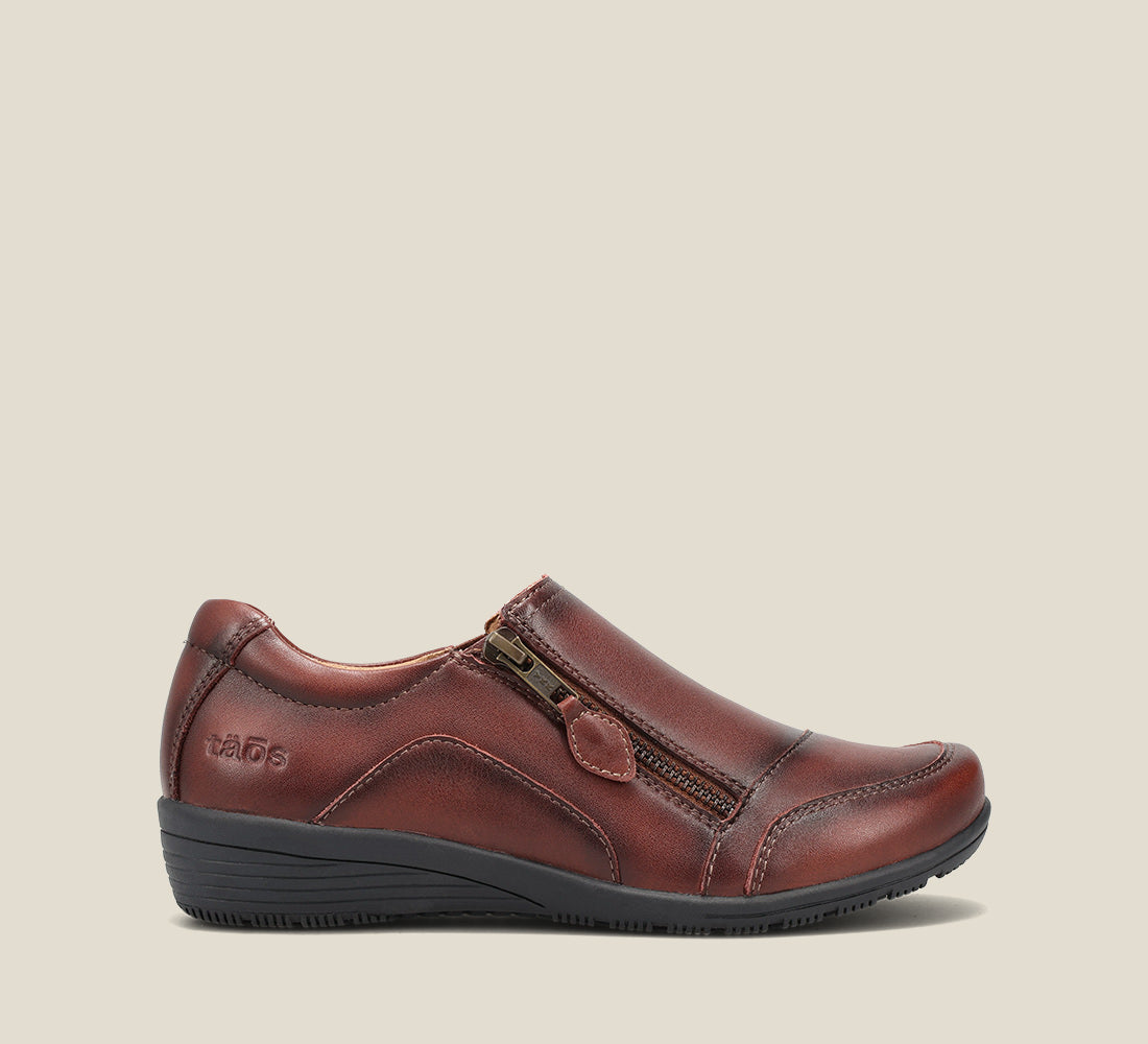Side image of Character Whiskey leather casual shoe with outside zipper.