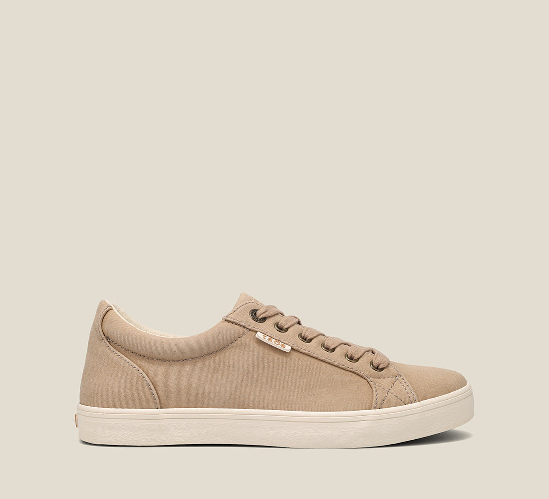 Outside angle of Starsky Tan Distressed Men's canvas lace up sneaker featuring a Curves & Pods removable footbed with Soft Support and rubber outsole. - size 8