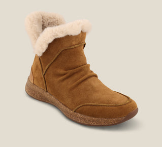 Load image into Gallery viewer, Hero image of Future Mid Chestnut Suede Water resistant suede pull on short bootie with faux fur lining, a removable footbed, &amp;rubber outsole 6
