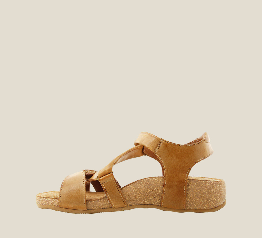 Inside angle of Universe Camel leather adjustable sandal with suede footbed and rubber outsole - size 36