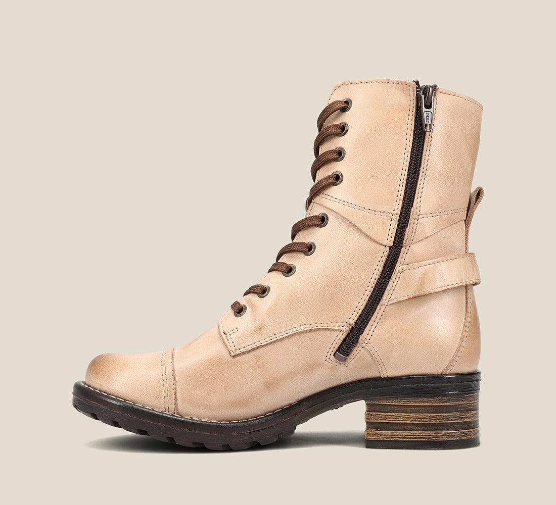 Side image of Crave Stone Leather &  boot with buckle & an inside zipper lace-up adjustability.