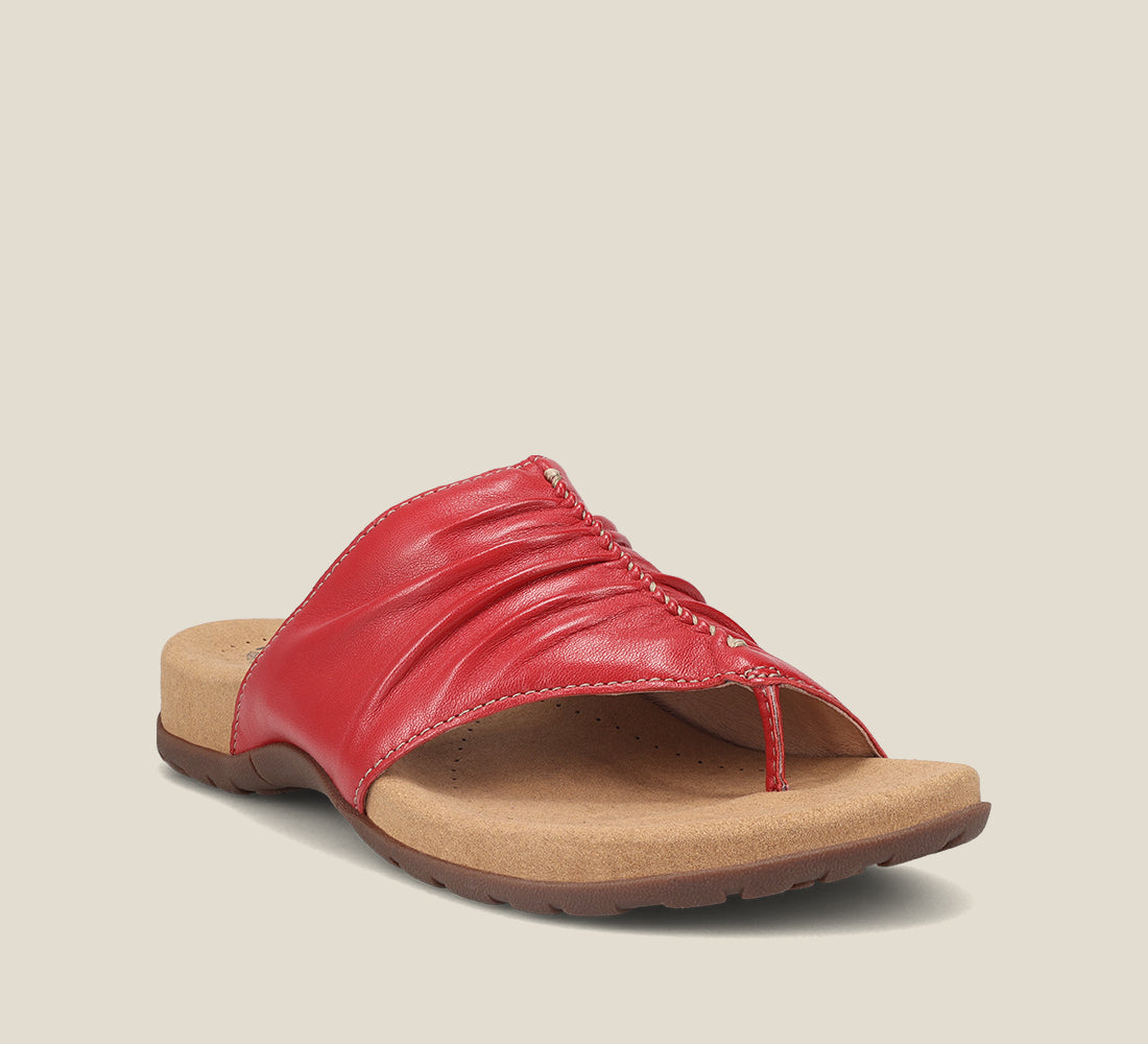 Hero Angle of Gift 2 Red leather sandal with microfiber footbed and rubber outsole