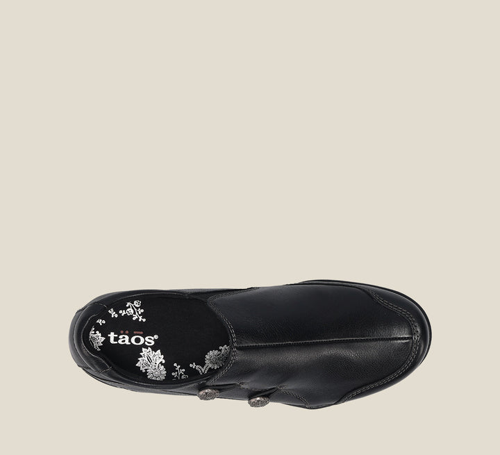 Top down Angle of Encore Black Casual leather step-in shoe with medial gore & bungie closures & a removable footbed. 6