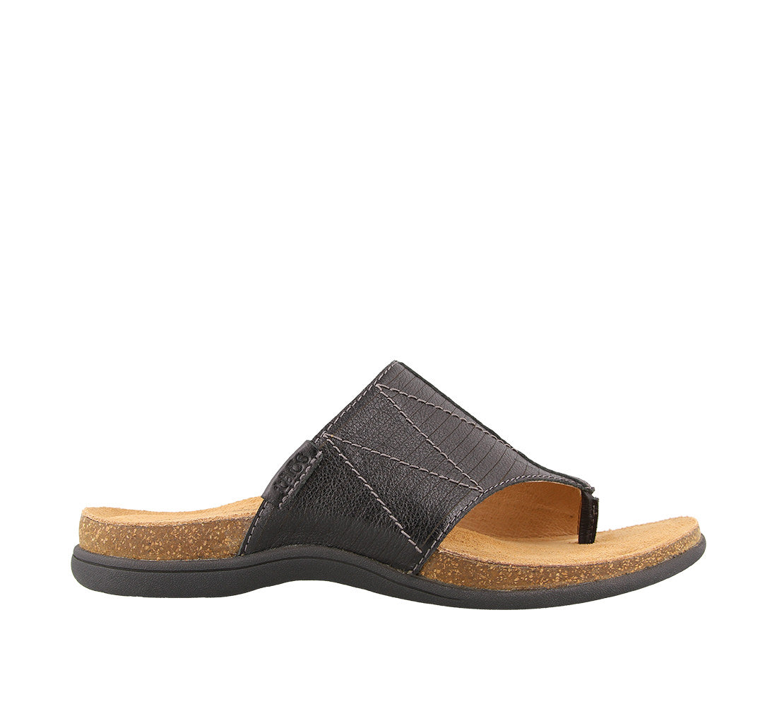 Outside Angle of Black Slide sandal on cork footbed with rubber outsoles - size 6
