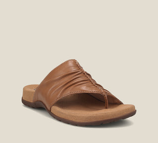 Load image into Gallery viewer, Hero Angle of Gift 2 Tan leather sandal with microfiber footbed and rubber outsole
